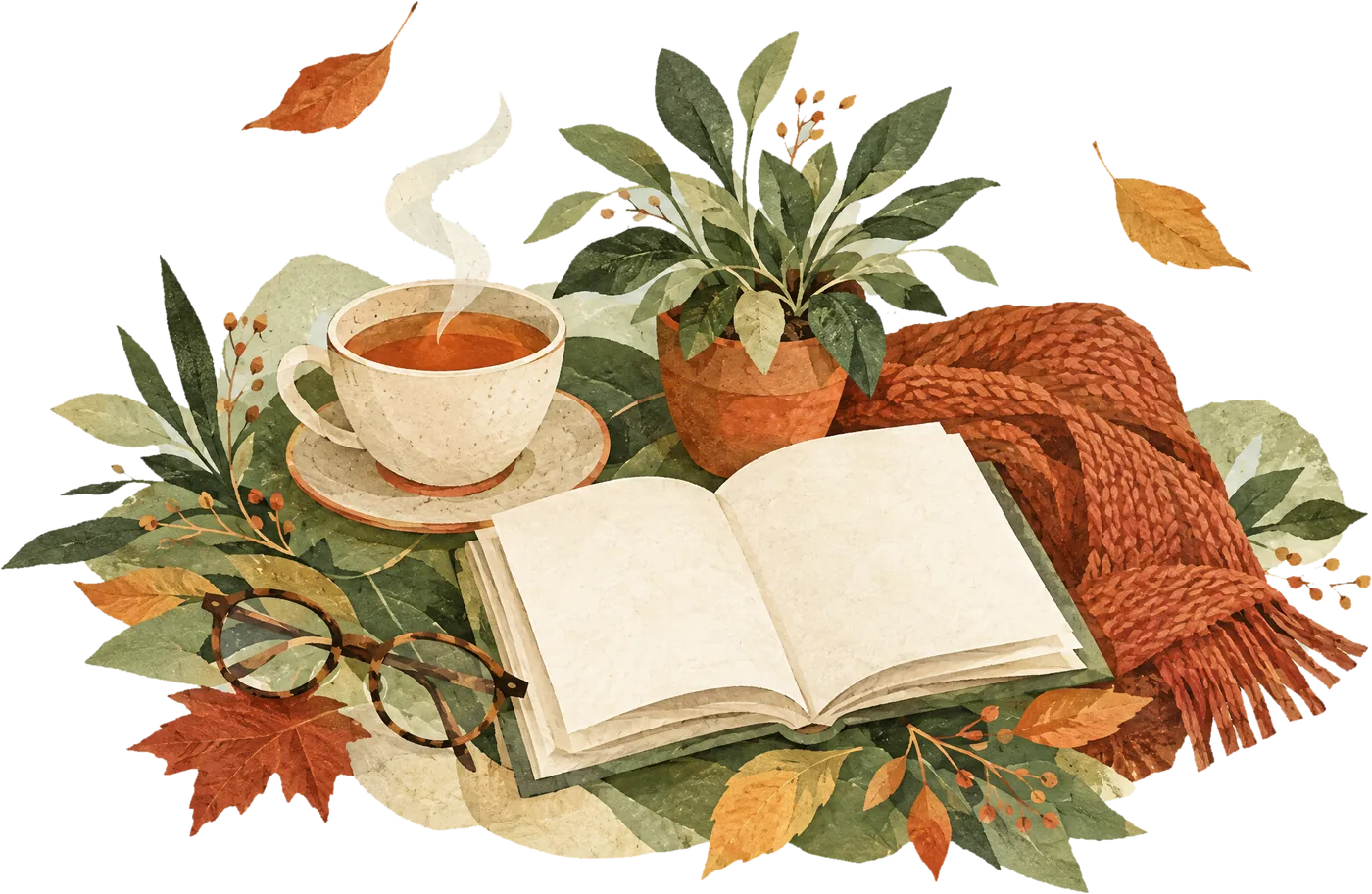 Açık bir kitap, buharı tüten bir fincan çay, gözlük, saksıda bir bitki ve sonbahar yapraklarıyla örülü bir natürmort.